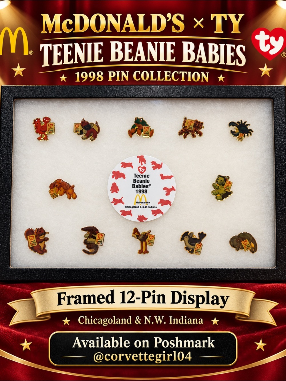 McDonald's x TY Teenie Beanie Babies 1998 Framed 12-Pin Display - Multicolor